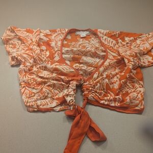 Orange and White Floral Tie-Front Top
